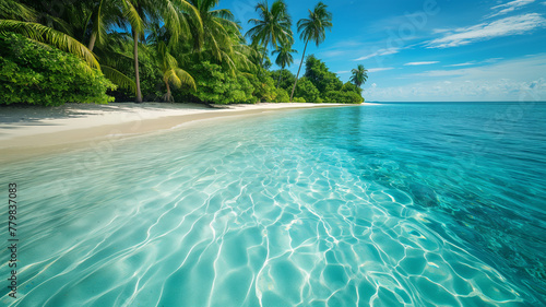 A beautiful tropical beach with crystal clear water and palm trees photo