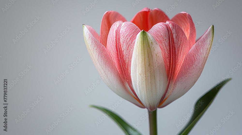Pink and white lily flower isolated on a grey background. Studio portrait of a blooming lily. Elegance and purity concept. Design for greeting card, invitation.