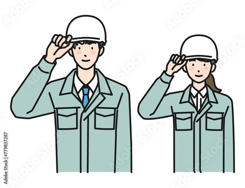 ヘルメットをかぶる作業服姿の男性と女性（上半身）