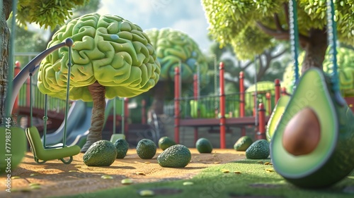 A playground scene where brain cells and avocados play together on swings and slides, illustrating the joy of maintaining brain health