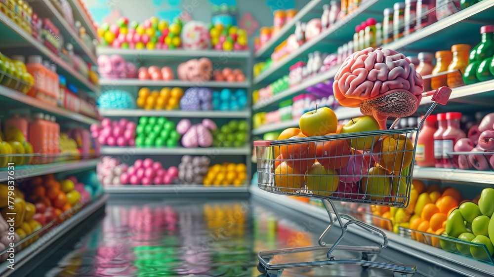 A cartoon brain gleefully pilots a shopping cart through a supermarket aisle filled with colorful brain-health nutrients and vitamins