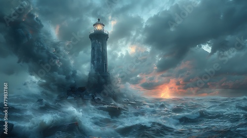 An abandoned lighthouse standing tall against a stormy sky, waves crashing against the rocky shore below photo