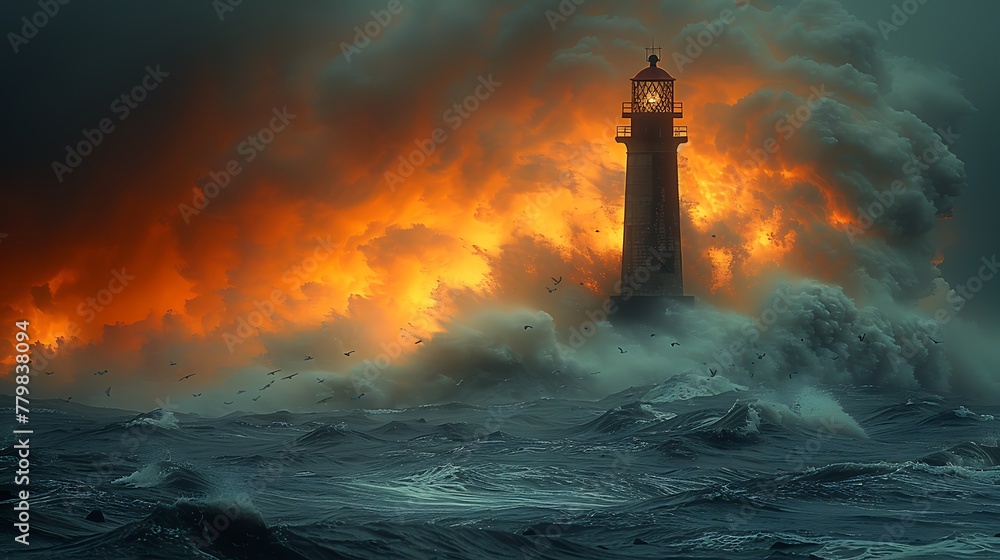 An abandoned lighthouse standing tall against a stormy sky, waves crashing against the rocky shore below