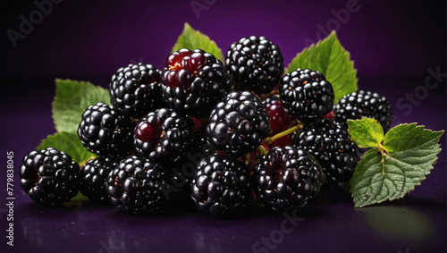 Blackberry cluster on a deep purple background  juicy and tart blackberries.
