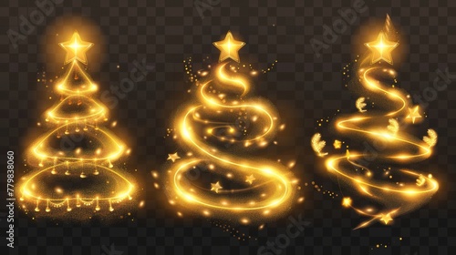 Christmas trees with spiral light designs isolated on transparent background. Modern cartoon illustration of golden xmas swirls embellished with yellow stars and shimmering particles. photo