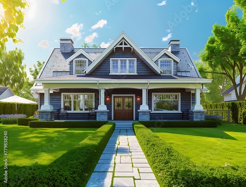 front view of beautiful gray house with white trim and blue shingle roof, green grass lawn in front yard, path to the door on left side, bright sunny day, photo realistic © Sikandar Hayat