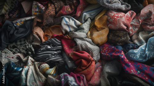 A pile of colorful, patterned fabric remnants, ready to be used for sewing projects