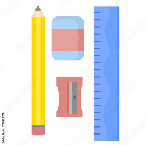 Set of stationery.Pencil, eraser, sharpener, rubber and ruler.School supplies.Office tool or equipment.Back to school.Flat design.Sign, symbol, icon or logo isolated.Cartoon vector illustration.