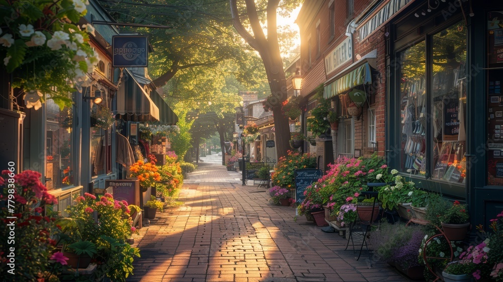Sunlit Quaint Street with Blossoming Flower Pots and Charming Shops