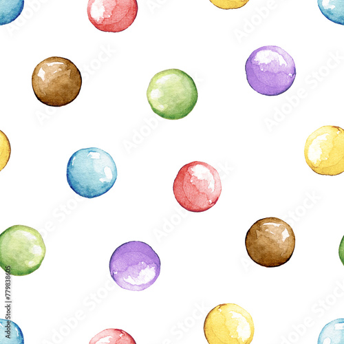 Seamless pattern with multicolor dragee candies isolated on white background. Watercolor hand drawn illustration