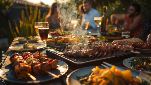 Sundown barbecue with friends enjoying grilled skewers and a festive atmosphere