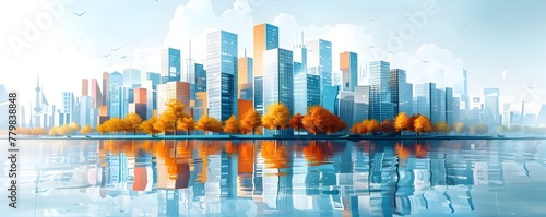 Vibrant Cityscape Reflected on Serene Waters with Autumn Foliage © Bussakon