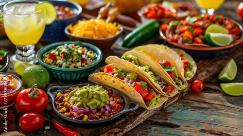 Colorful Array of Mexican Cuisine with Fresh Tacos and Sides on Woven Tablecloth