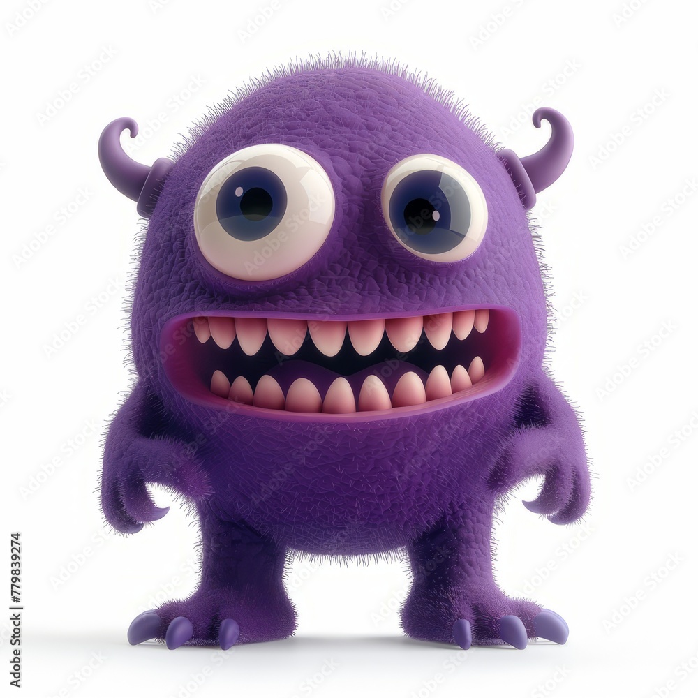 Fototapeta premium A cute monster with big eyes and horns. Little Devil Purple Colored Smile Character Image Cute Space Creatures Funny Kawaii Halloween Characters - Devil Goblin, Alien Creature