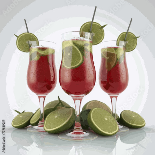 A frontal view of freshly made, chilled cocktails in glasses with a white backdrop Vector