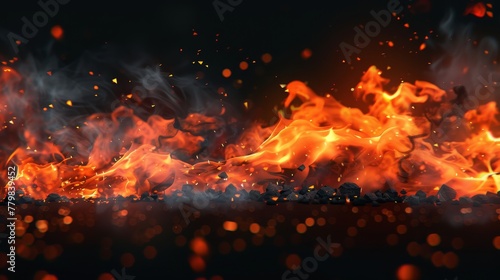 Smoke, sparks, and burning embers, on transparent background. Modern realistic heat effect of flames in a bonfire.