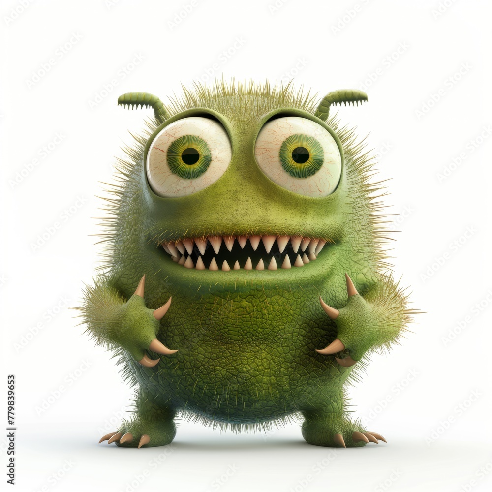 Fototapeta premium A cute monster with big eyes and horns. Little Devil Green Colored Smile Character Image Cute Space Creatures Funny Kawaii Halloween Characters - Devil Goblin, Alien Creature