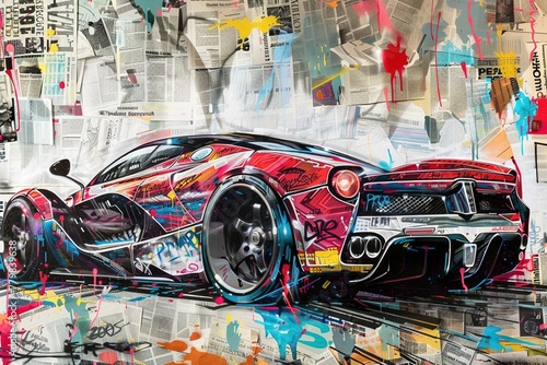 A photorealistic supercar, rendered entirely in colorful newspaper clippings and magazine cutouts, takes center stage in this explosive graffiti artwork.