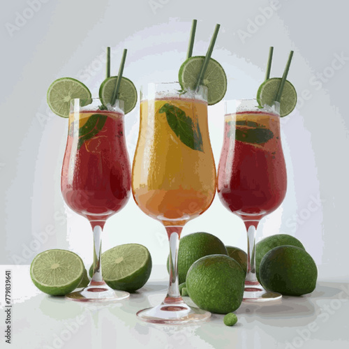 A frontal view of freshly made, chilled cocktails in glasses with a white backdrop Vector