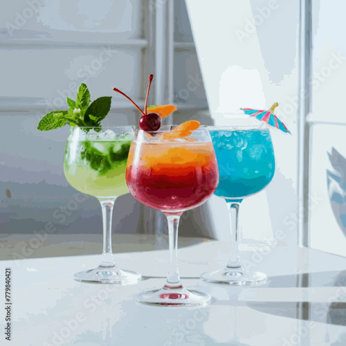 A frontal view of freshly made, chilled cocktails in glasses with a white backdrop Vector