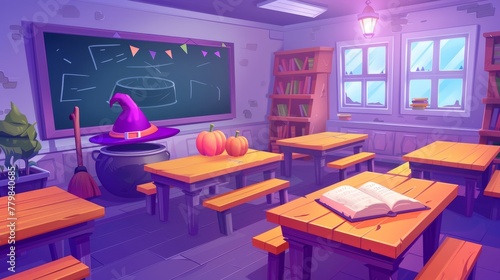 An interior of a magic school with wooden desks for students and teachers  a blackboard with chalk writing  a cauldron with potion  a witch hat  a spell book  a wizard wand  and a broom. Cartoon