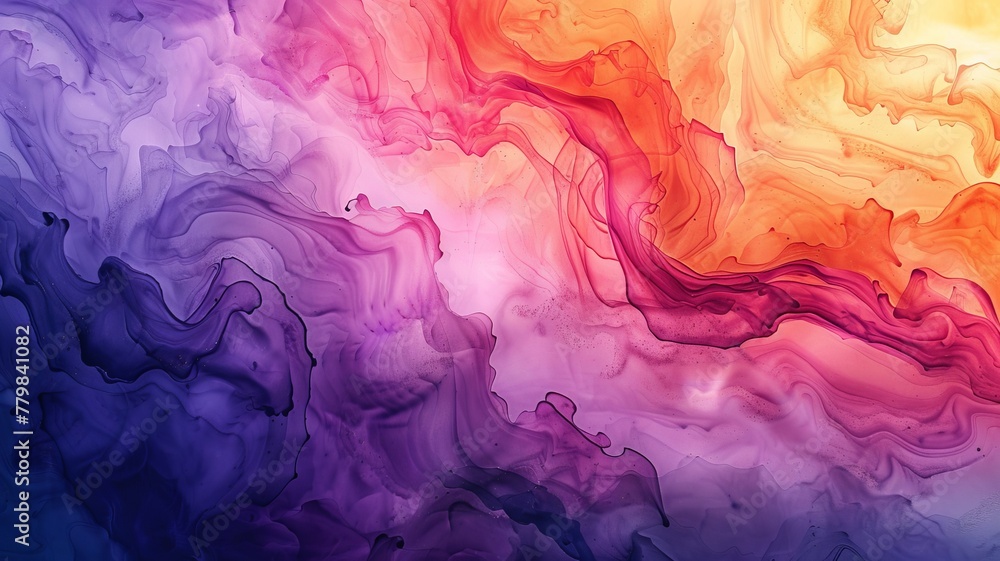 A stunning abstract blend of ink and watercolor creates a fluid gradient from deep purple to fiery orange, evoking natural spontaneity