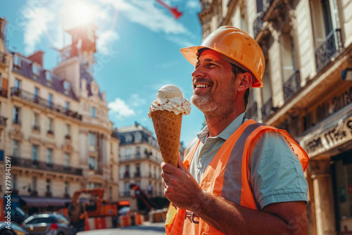 A smiling construction worker eats a huge ice cream cone