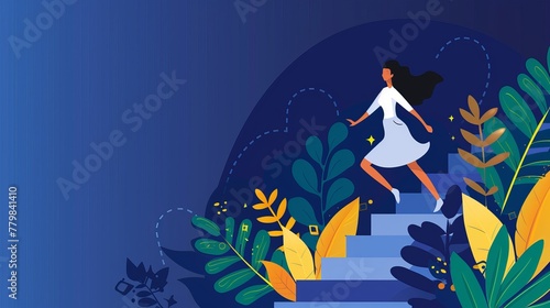 A banner depicting the progress of a career, personal growth, and professional development. A modern landing page with a cartoon illustration showing a businesswoman running up a staircase to the photo