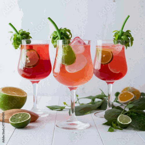 A frontal view of freshly made, chilled cocktails in glasses with a white backdrop Vector