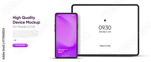 Modern tablet mockup front view and high quality smartphone and tablet mockup isolated on white background. Notebook mockup and phone device mockup for ui ux app and website presentation.Stock Vector.