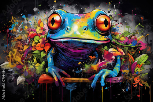Street art graffiti piece featuring a colorfull frog. Mural art,oil acrylic painting design, canvas.