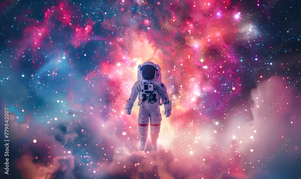 Obraz premium Fantasy illustration, a boy dressed as an astronaut looking at the starry sky and universe, child dream and hope concept.