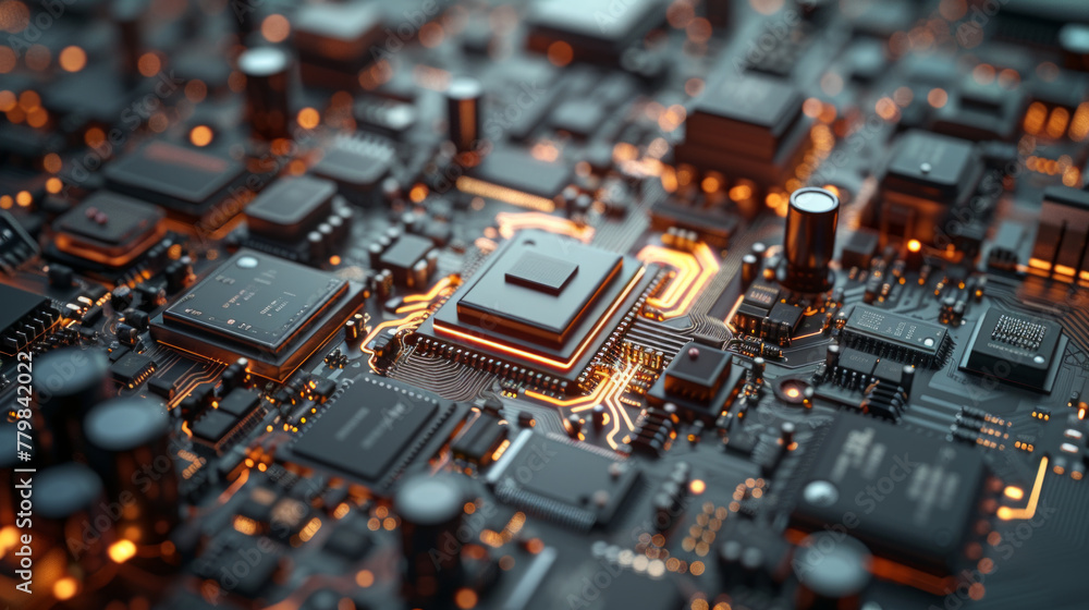 A close-up of a circuit bord, showcasing intricate electronic components A close-up of a circuit bord, showcasing intricate electronic components