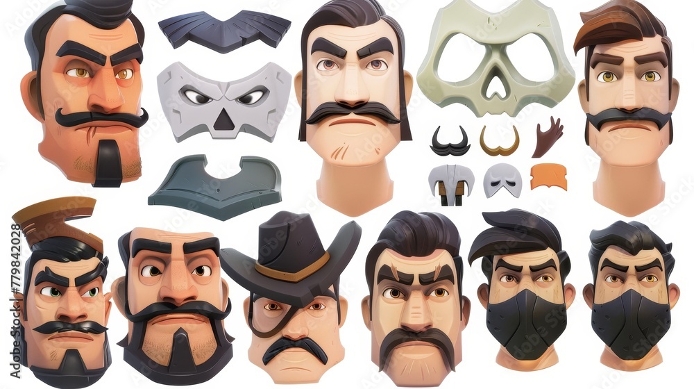 Create a caucasian character with heads, hairstyle, nose, eyes and eyebrows, isolated on a white background. Modern set of cartoon facial elements. Create a caucasian character with heads, hairstyle, nose, eyes and eyebrows, isolated on a white background. Modern set of cartoon facial elements.
