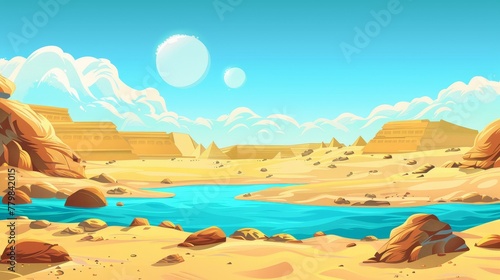 An Egyptian desert with a river and pyramids. Modern illustration of the landscape with yellow sand dunes, blue water of the Nile, ancient tombs of Egyptian pharaohs, hot sun, and clouds in the sky.
