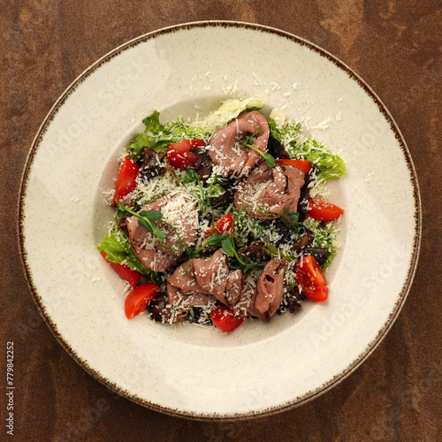 salad with beef flat lay