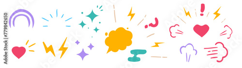 Cartoon comic fun doodle shapes elements icon vector graphic illustration set, angry hand drawn flat color, smoke, speed, fear symbols, snap sound, happy magic dream image clipart