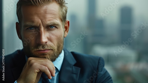 Man in Suit and Tie Standing in Front of Cityscape
