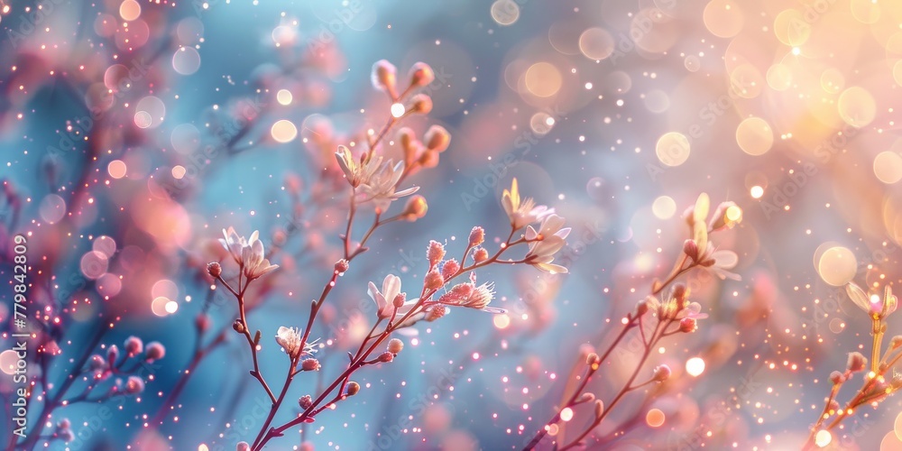 Blossom floral Bokeh Sparkling lights on a soft color background, creating a dreamy and serene atmosphere.