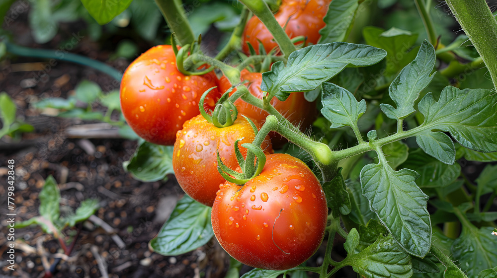 Portrait shot of juicy ripe tomatoes in the vegetable garden, blur effect