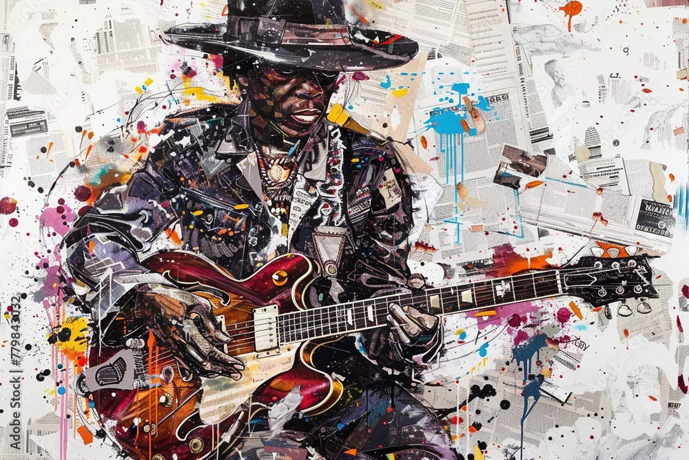 Fototapeta premium Layers of textures and colors explode in a graffiti artwork featuring a musician and their guitar, meticulously constructed from newspaper clippings and magazine fragments.