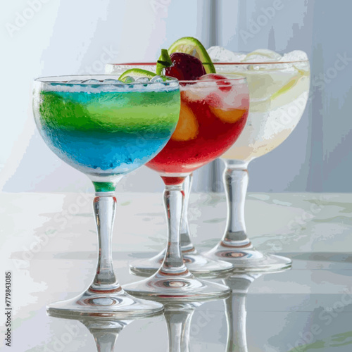 A frontal view of freshly made, chilled cocktails in glasses with a white backdrop Vector