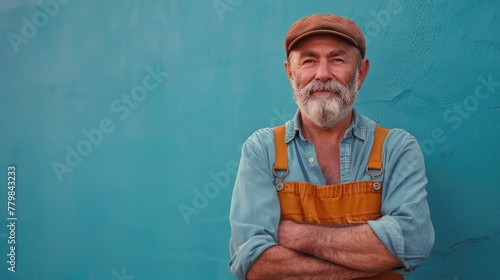 Man With Beard and Hat Standing in Front of Blue Wall
