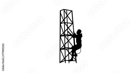 Young man climbs high tower, black isolated silhouette