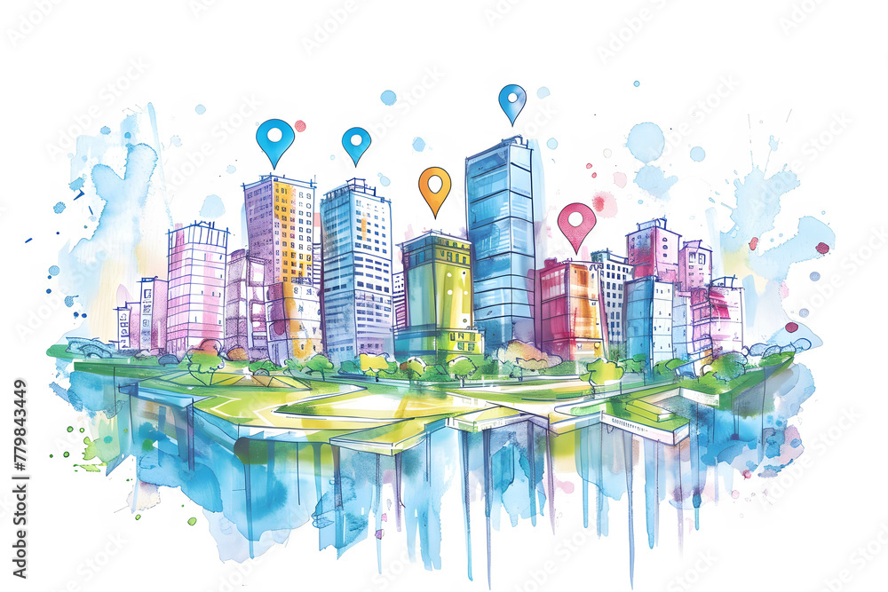 Obraz premium Concept sketches for real estate investment portfolios, showcasing a diverse mix of properties and assets, with big pin icons
