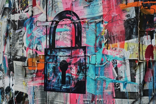 Wallpaper Mural A highly detailed graffiti artwork depicting a padlock formed from colorful newspaper clippings and magazine cutouts, symbolizing internet security and data protection. Torontodigital.ca