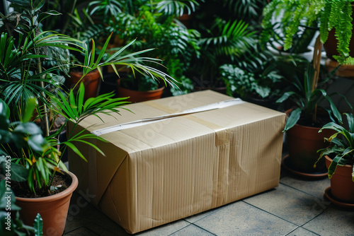 Cardboard box surrounded by potted plants on the floor in a natural and cozy setting