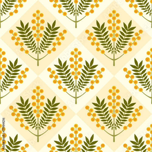 Symmetrical floral vector seamless pattern. Stylized branch with yellow flowers and leaves on pastel geometric background. Australian Wattle Mimosa plant drawn with brush texture repeated design