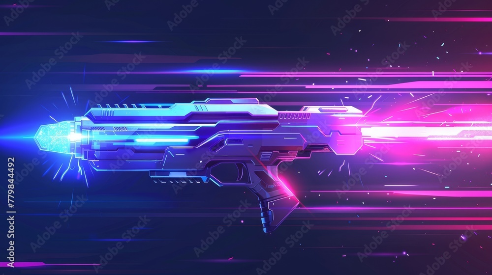 VFX gun effects, laser rays and ray guns, bomb explosions. Raygun futuristic alien weapons booms. Cartoon pictures of colored energy phasers lightnings.