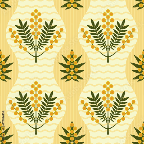 Symmetrical floral vector seamless pattern. Stylized yellow Mimosa flowers and leaves on yellow striped background. Australian Wattle plant drawn with brush texture. Modern repeated background
